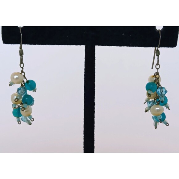 Sterling Silver Chalcedony & Pearl Cluster Dangle Earrings 1.5 in - Picture 7 of 13